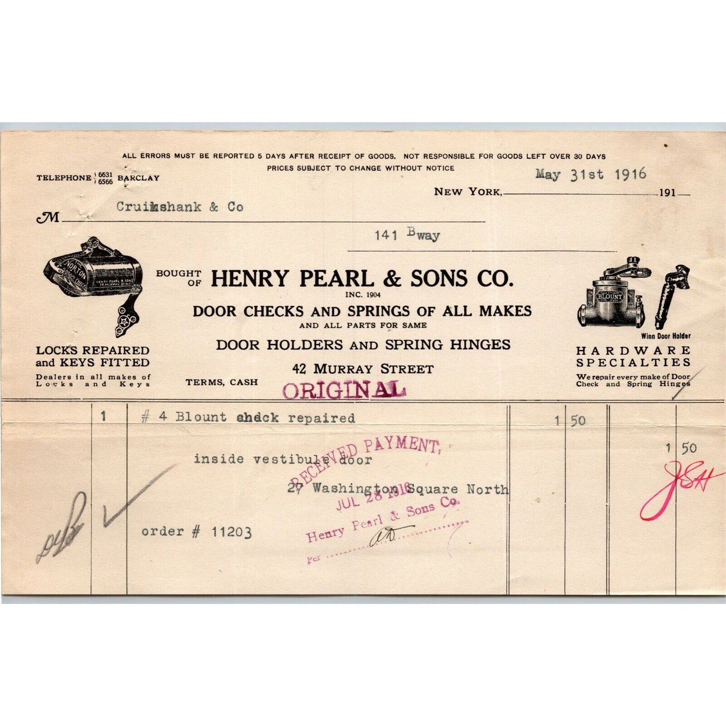 1916 "Henry Pearl & Sons Co." Door Springs Billhead Letterhead Murray St, NYC