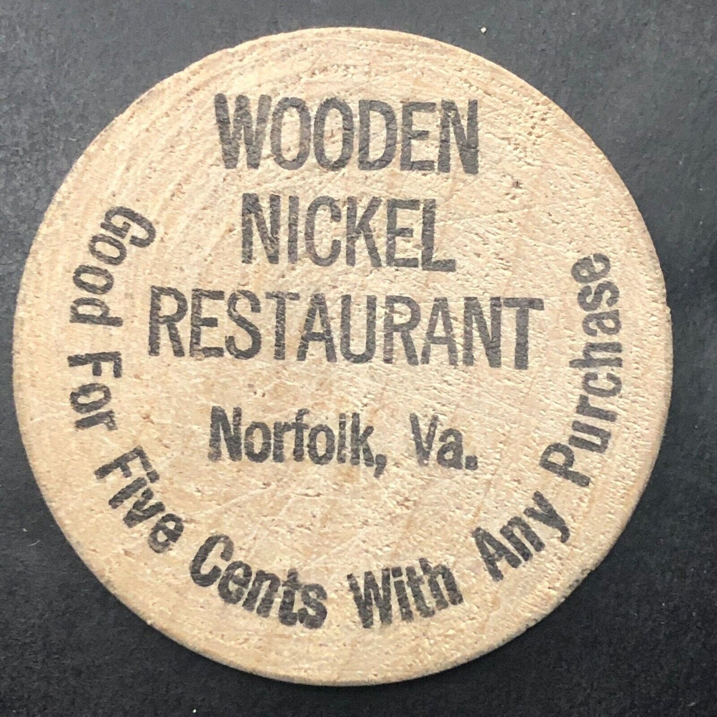 Norfolk, VA Wooden Nickel Restaurant Wooden Nickel 38mm c1970's