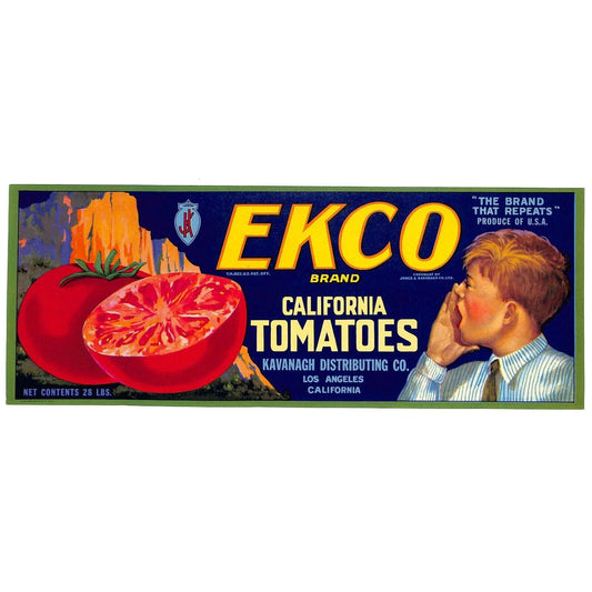 c1940's Paper Vegetable Crate Label Ekco California Tomatoes w/ Shouting Boy