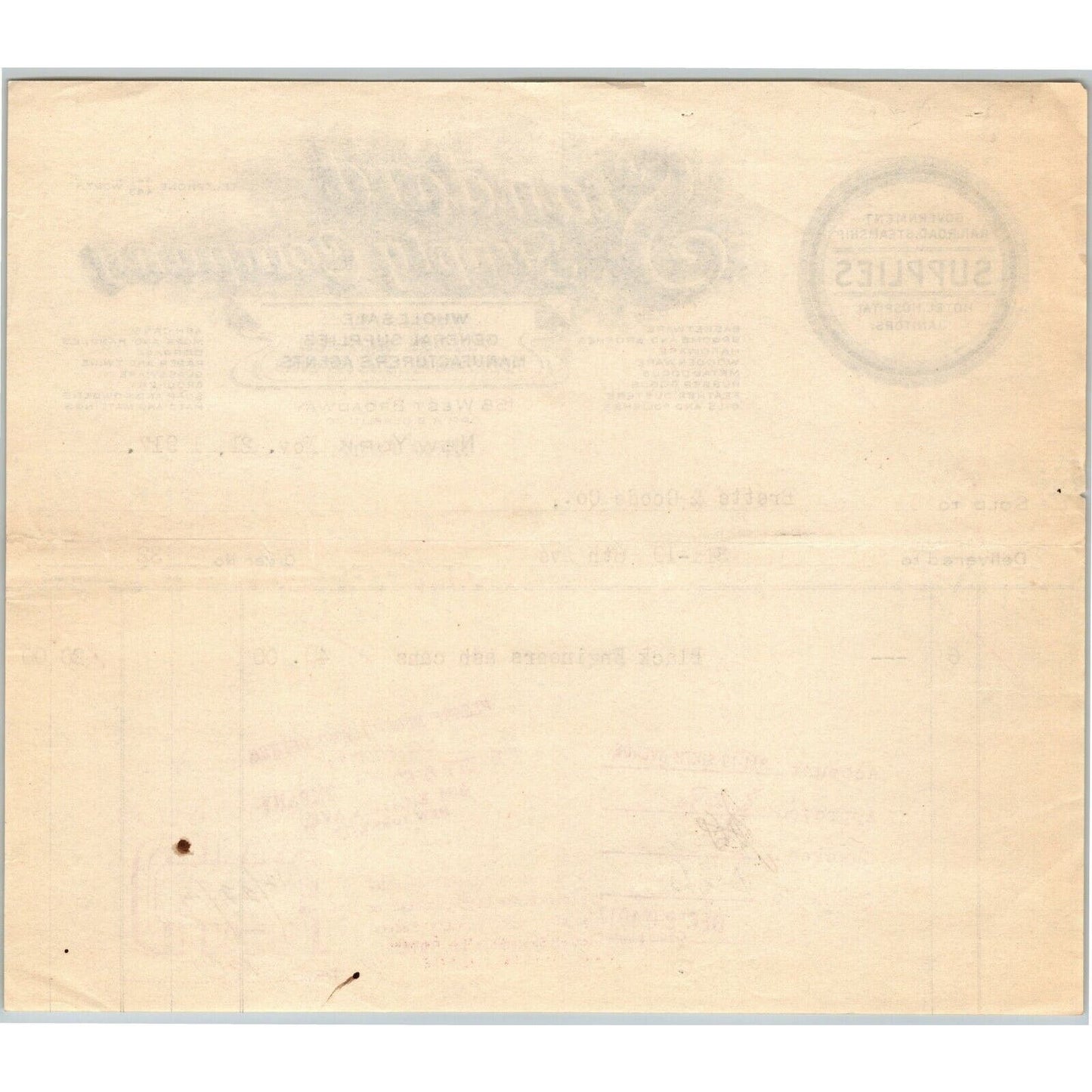 1917 Standard Supply Co. Railroad Hotel Billhead Letterhead Broadway NYC