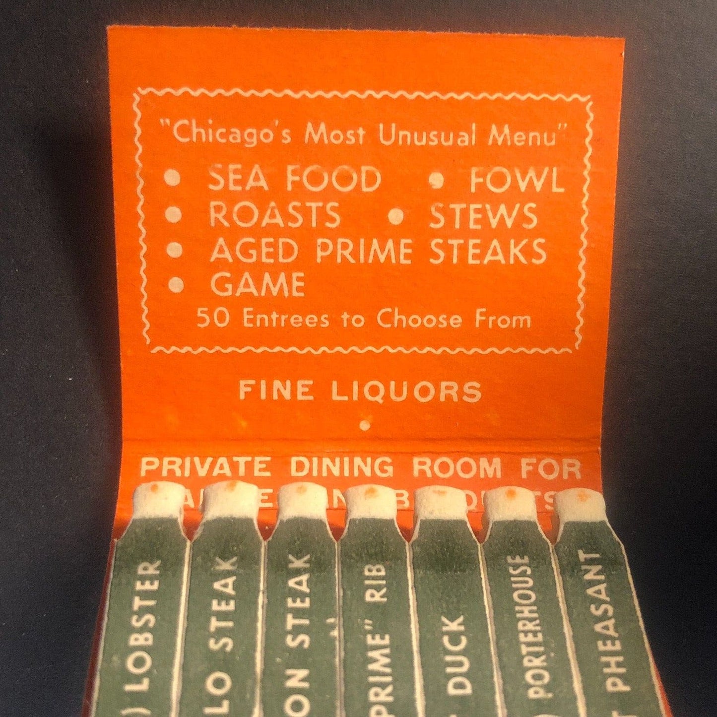 Cafe Bohemia Chicago Wild Game FEATURE Vintage Full Matchbook c1950's-60's