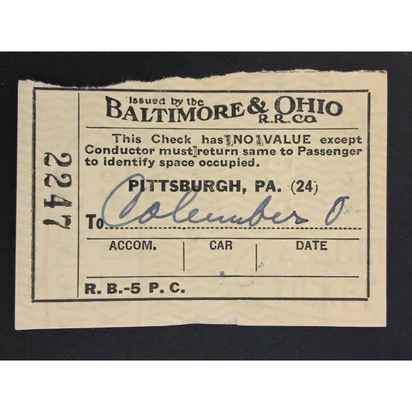 Baltimore & Ohio R.R. Co. Check / Ticket Pittsburgh to Columbus 2247 1946