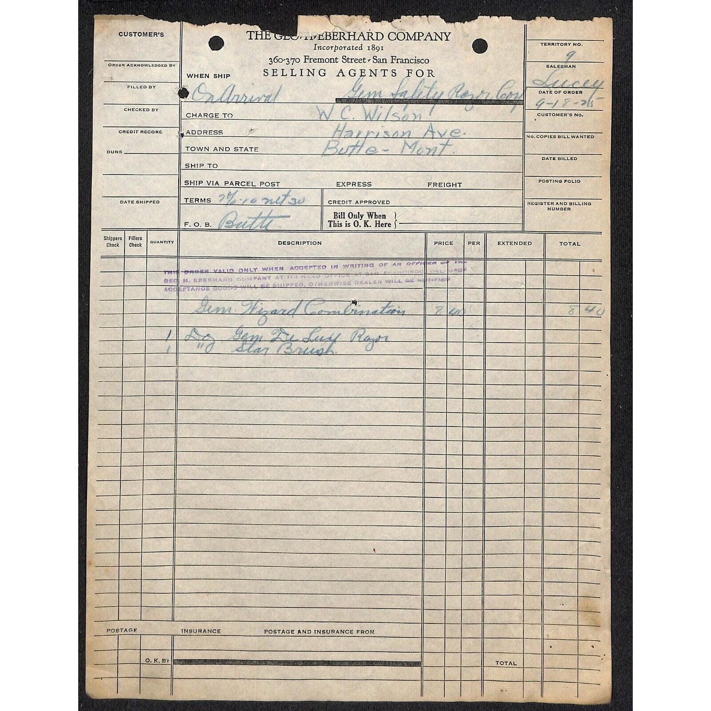 Geo H, Eberhard Butte Montana 1925 Billhead Letterhead Wilson Drug