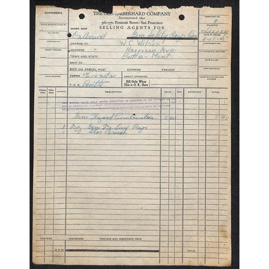 Geo H, Eberhard Butte Montana 1925 Billhead Letterhead Wilson Drug