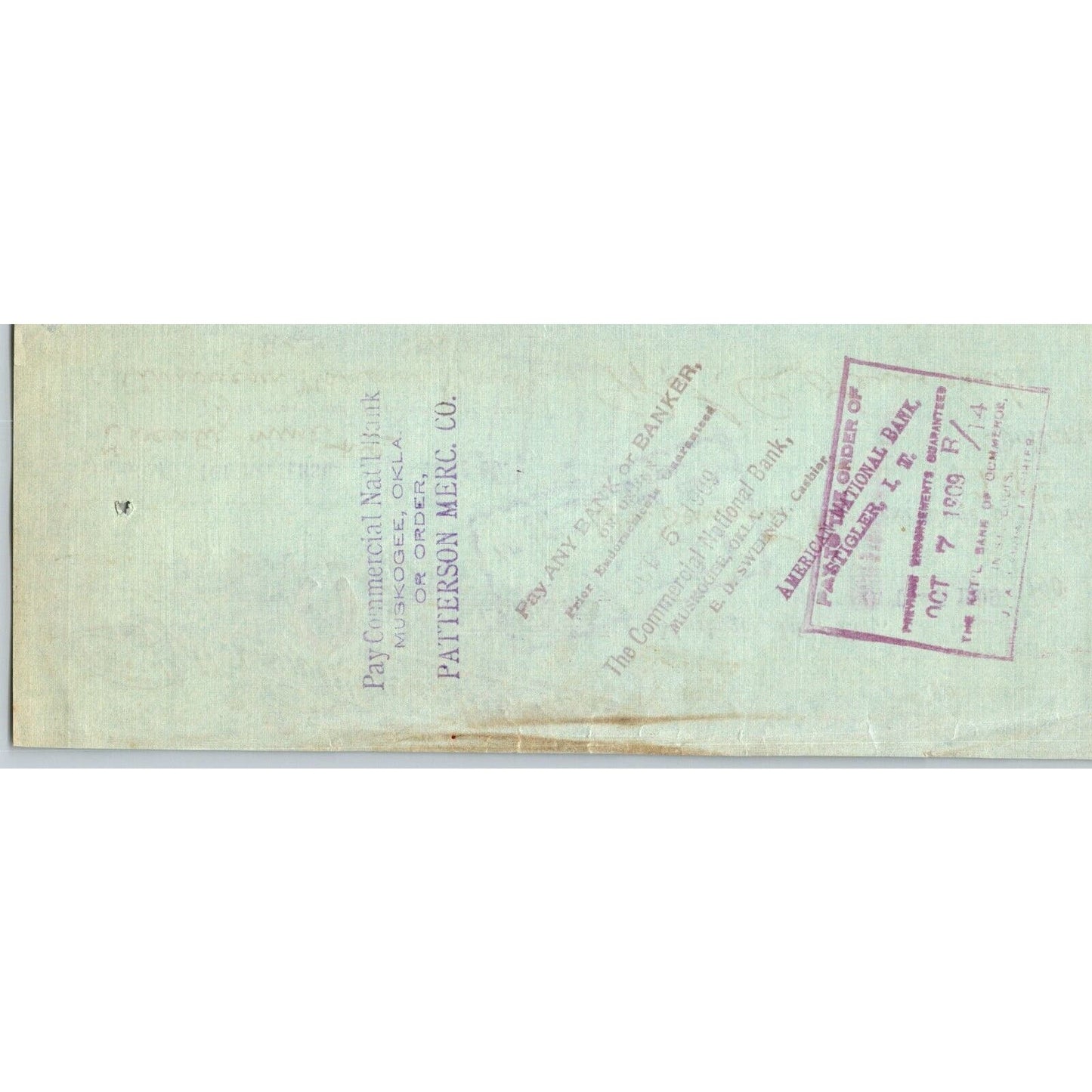 Muskogee, OK 1909 Indian Territory* Patterson Mercantile Co. Bank Check Scarce