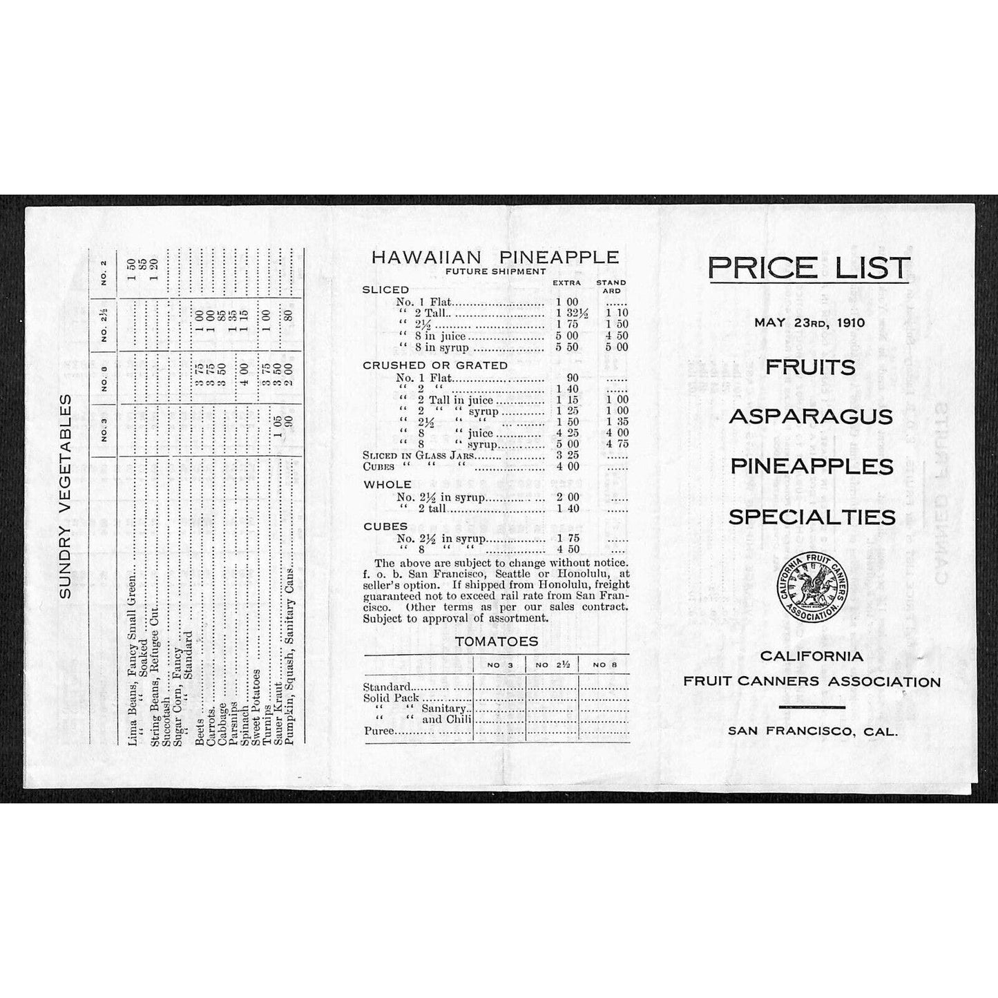1910 California Canners Assoc San Francisco Folded Singe Sheet Fruit Price List