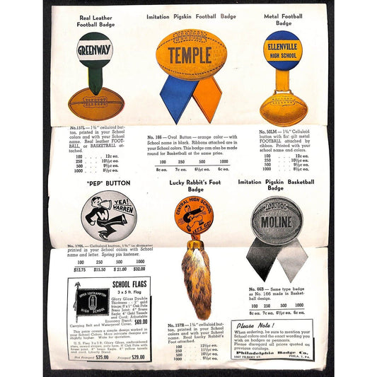 1946 Philadelphia Badge Co. School Sports Football Pinback Button Flyer Sheet
