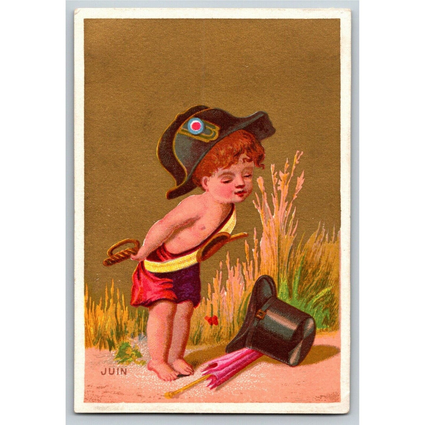 Gilt "Juin" Child w/ Top Hat Sword (Soapine) Unmarked Victorian Trade Card
