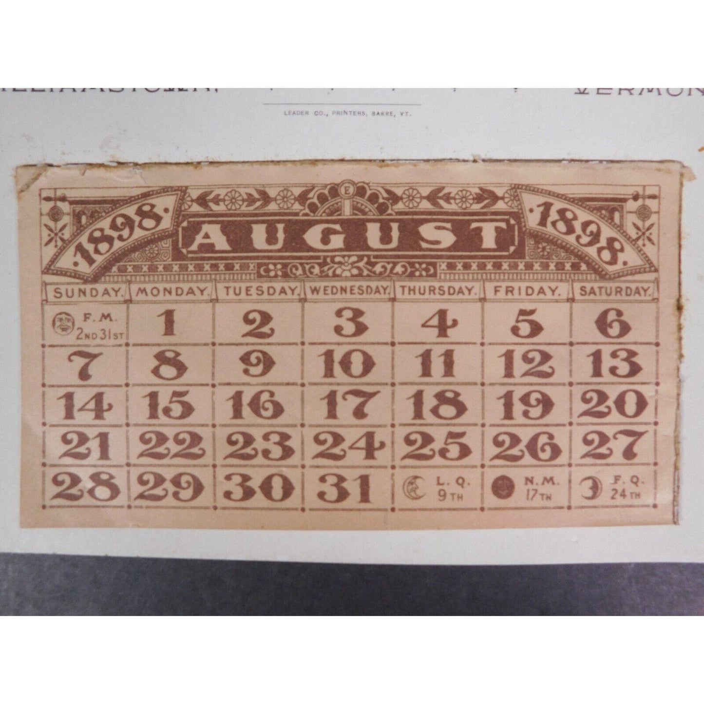 "Best Wishes From.."C. M. Seaver "Cash Store" 1898 Calendar Williamstown Vermont