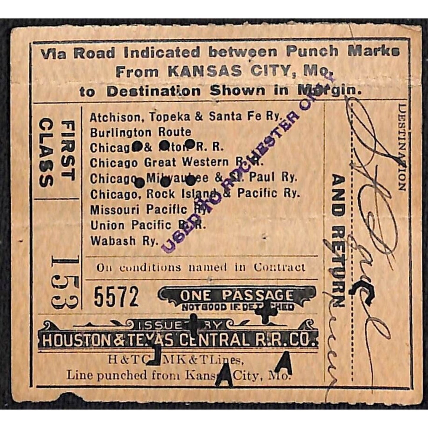 Houston & Texas Central Railroad Ticket 1922 "Rochester Only" #153