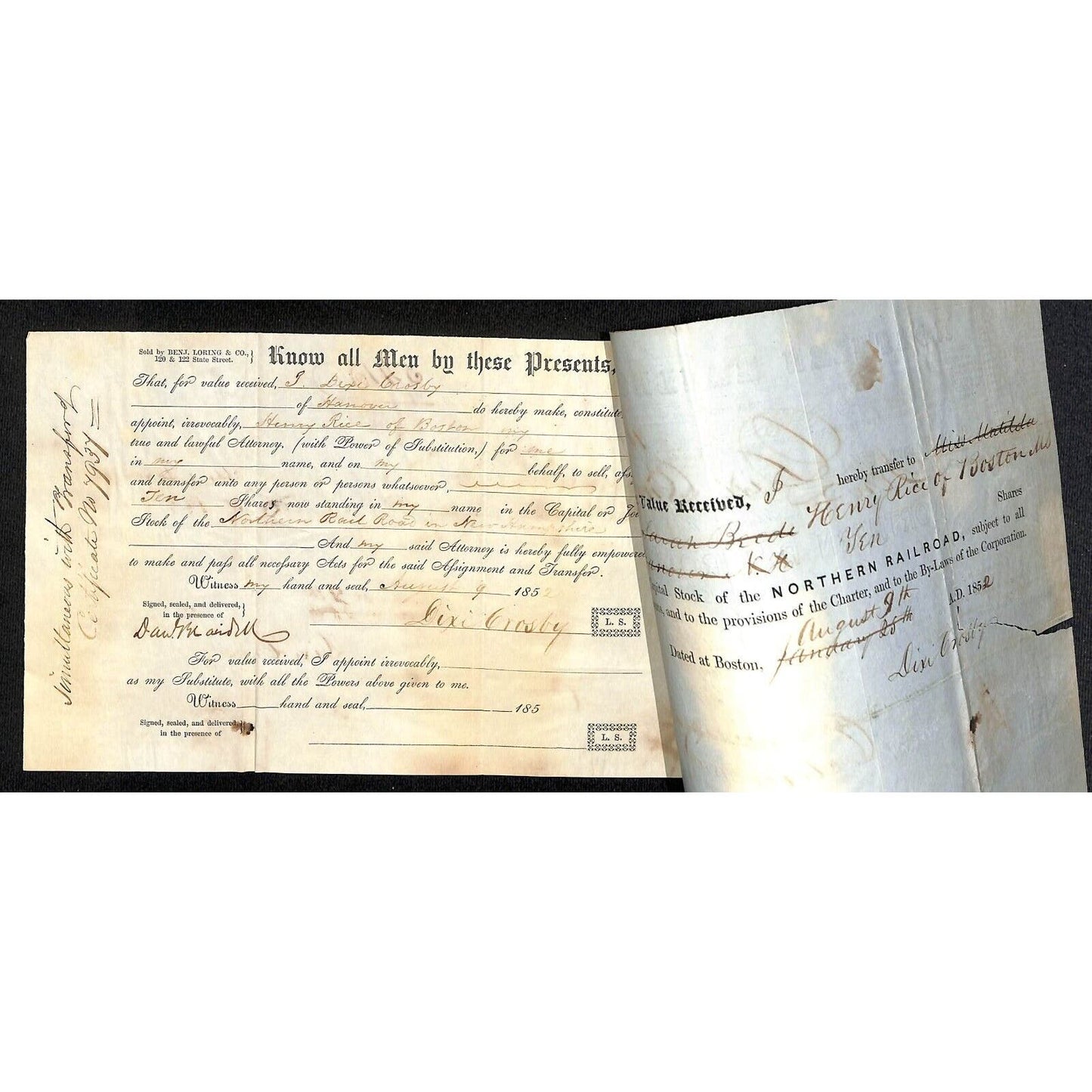 1850 Northern Railroad Stock Certificate & 1852 Attorney Document "Dixie Crosby"