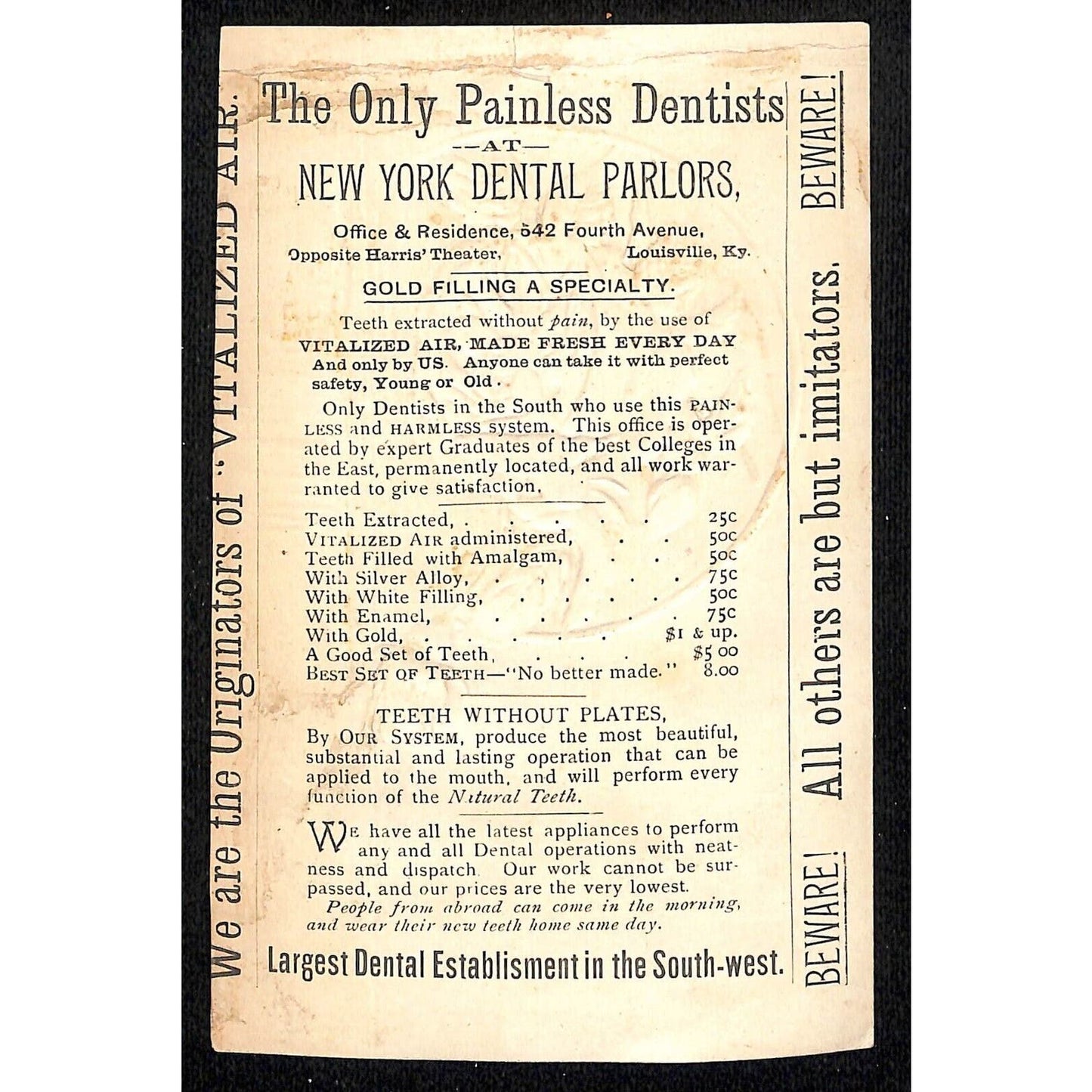 New York Dental Parlors Louisville KY Victorian Trade Card Home Winter Rose