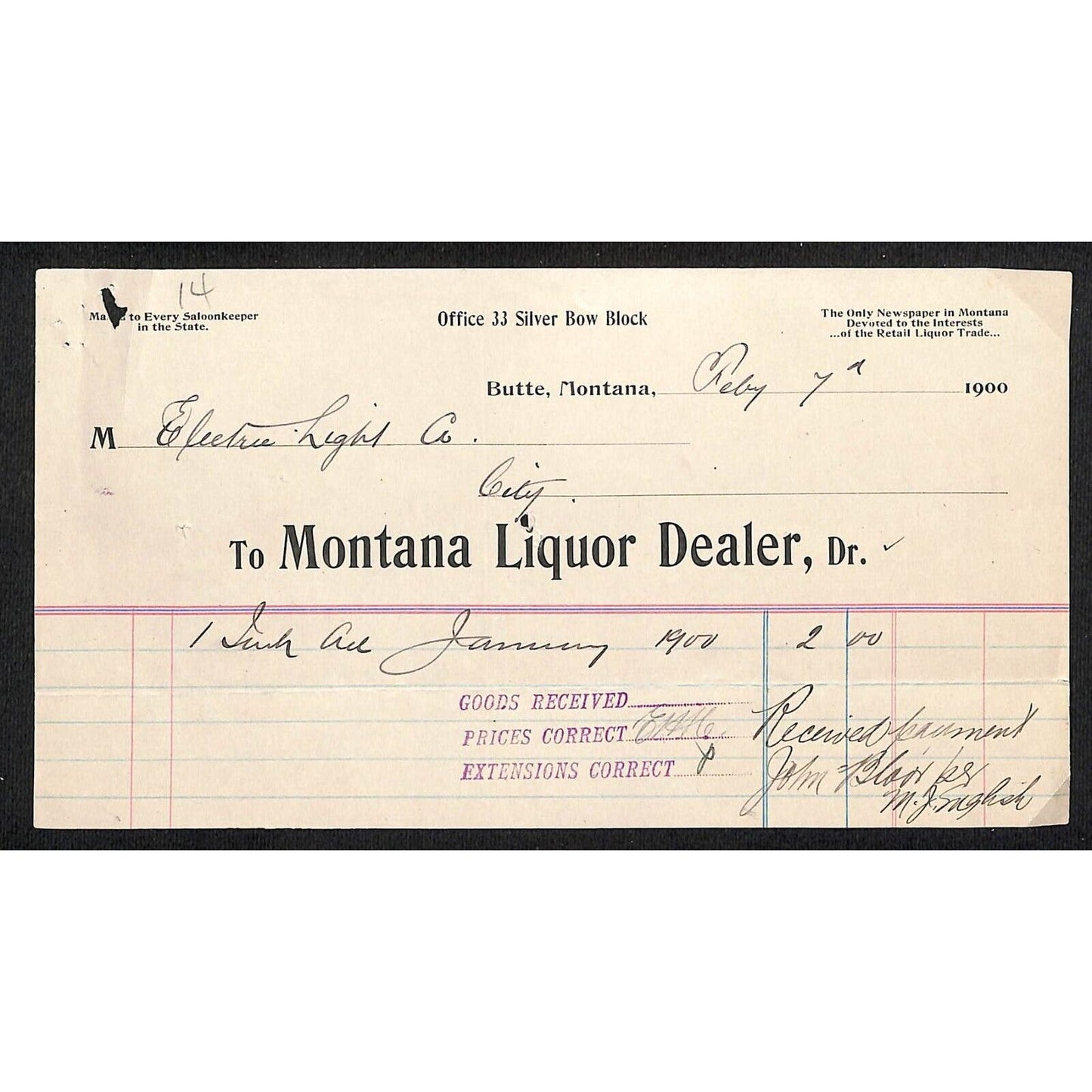 Butte, MT "Montana Liquor Dealer" 1900 Statement / Billhead