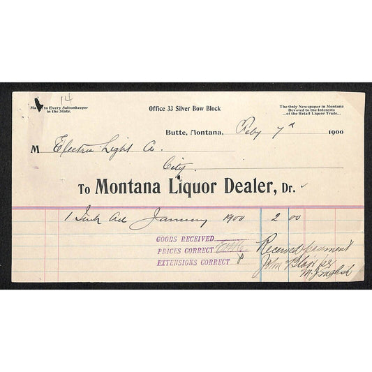 Butte, MT "Montana Liquor Dealer" 1900 Statement / Billhead