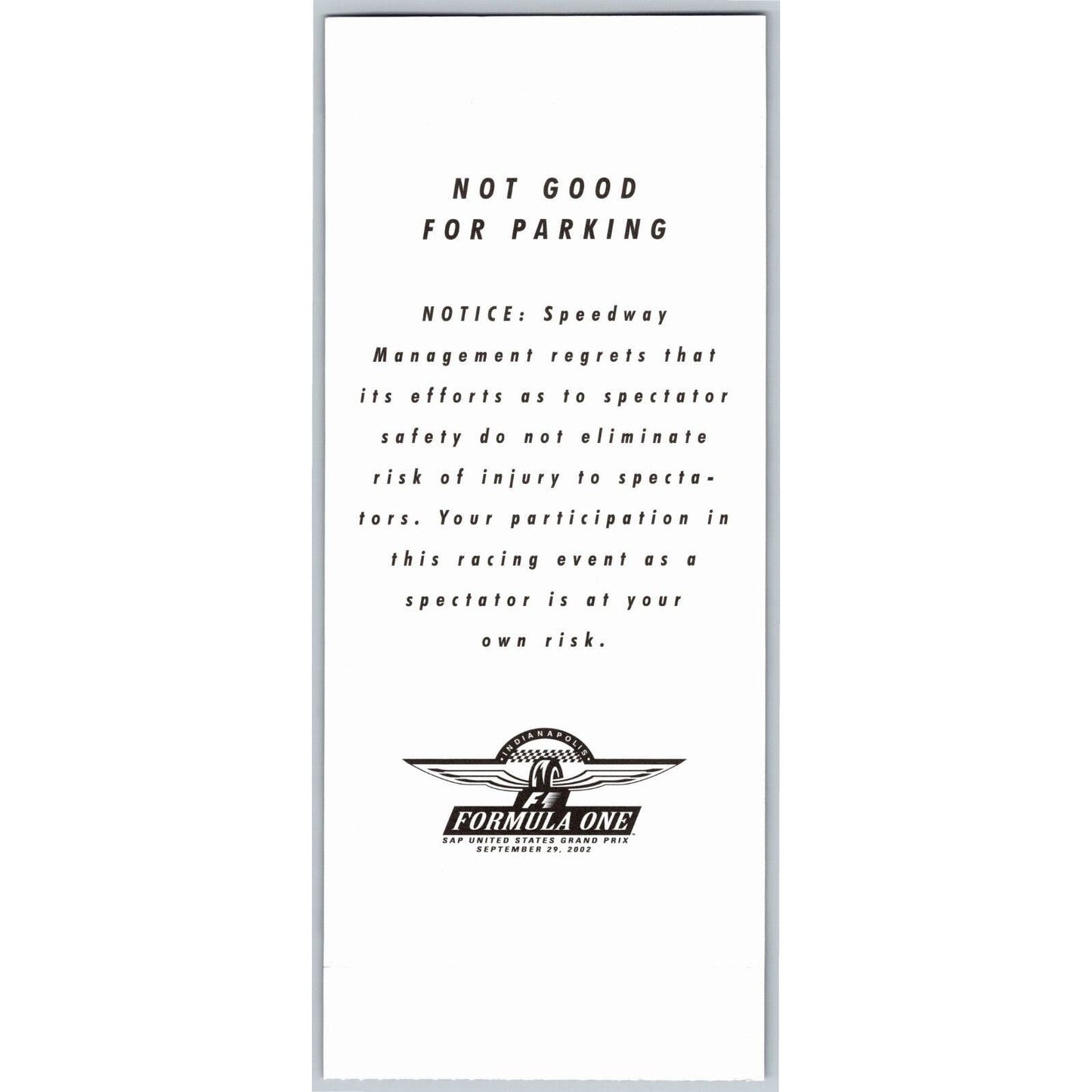 2002 Indianapolis Formula One Grand Prix Racing Hulman Suite Ticket Stub #47