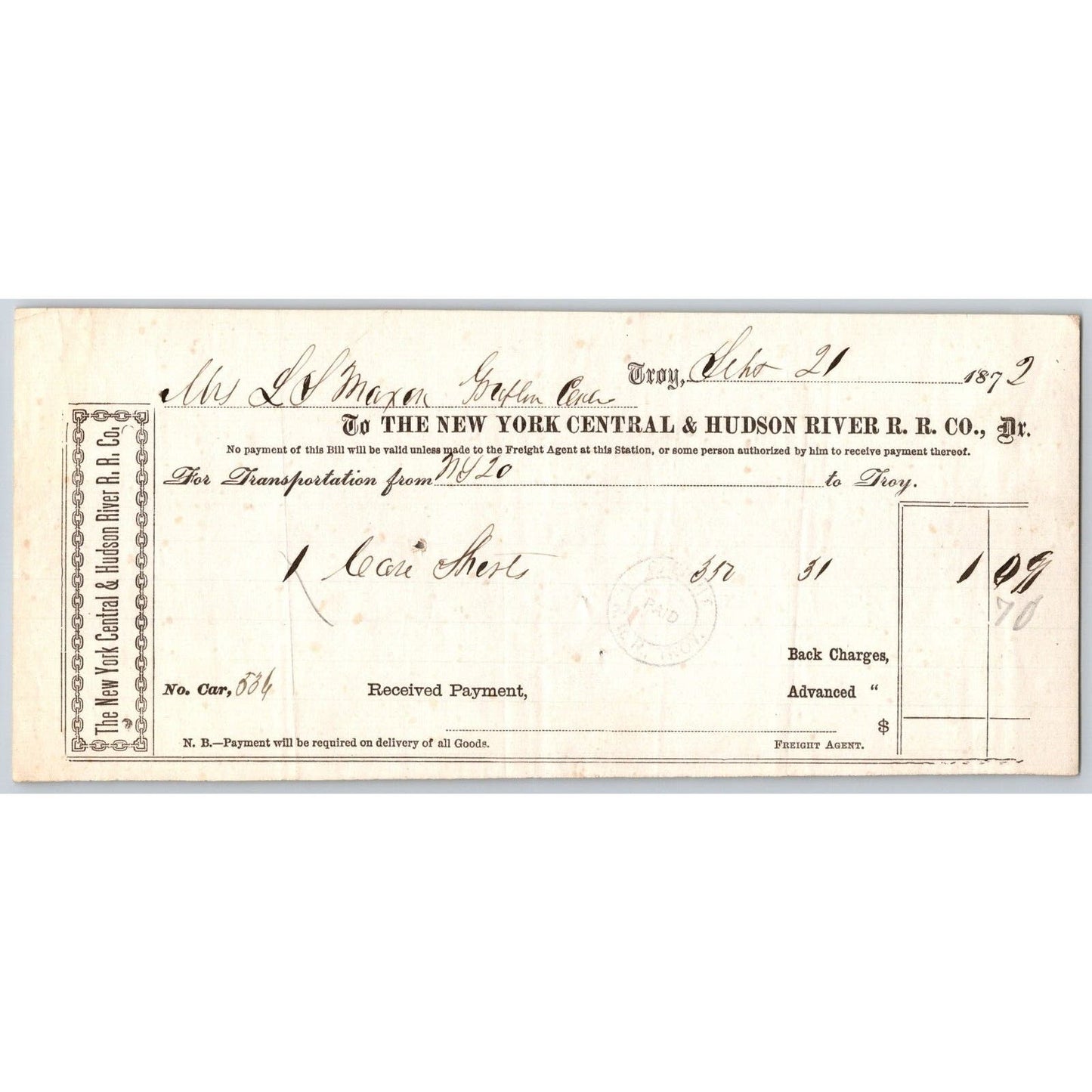 New York Central and Hudson River Railroad 1872 Freight Receipt Troy, NY Scarce