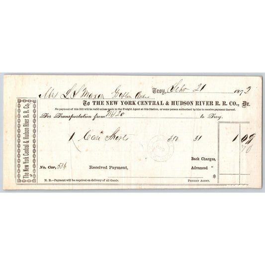 New York Central and Hudson River Railroad 1872 Freight Receipt Troy, NY Scarce