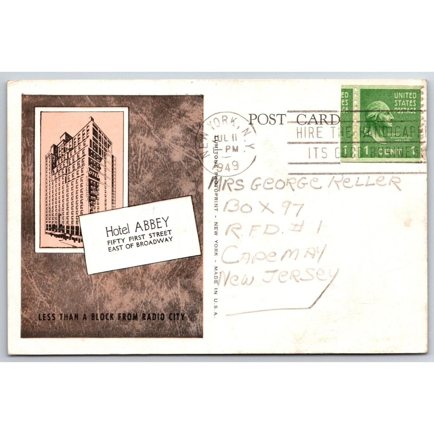 Hotel Abbey Broadway NYC "..Block from Radio City" Adv. Postcard PM 1949 VGC