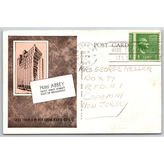Hotel Abbey Broadway NYC "..Block from Radio City" Adv. Postcard PM 1949 VGC