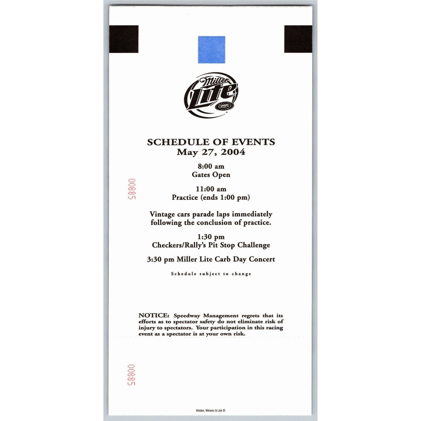 2004 Indy 500 Miller Lite Carb Day 5/27 Unused Ticket #117