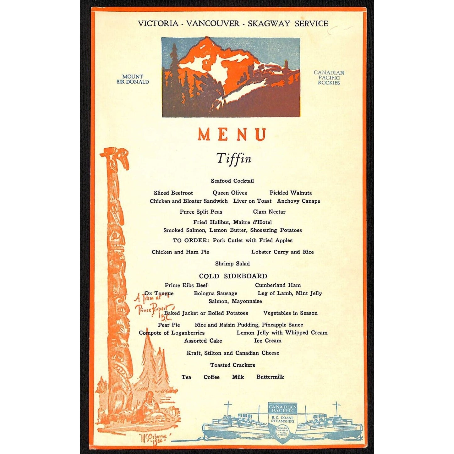 Canadian Pacific B.C. Coast Steamship Tiffin Menu "Mount Sir Donald" c1936-40's