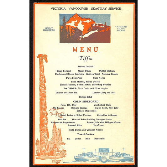 Canadian Pacific B.C. Coast Steamship Tiffin Menu "Mount Sir Donald" c1936-40's