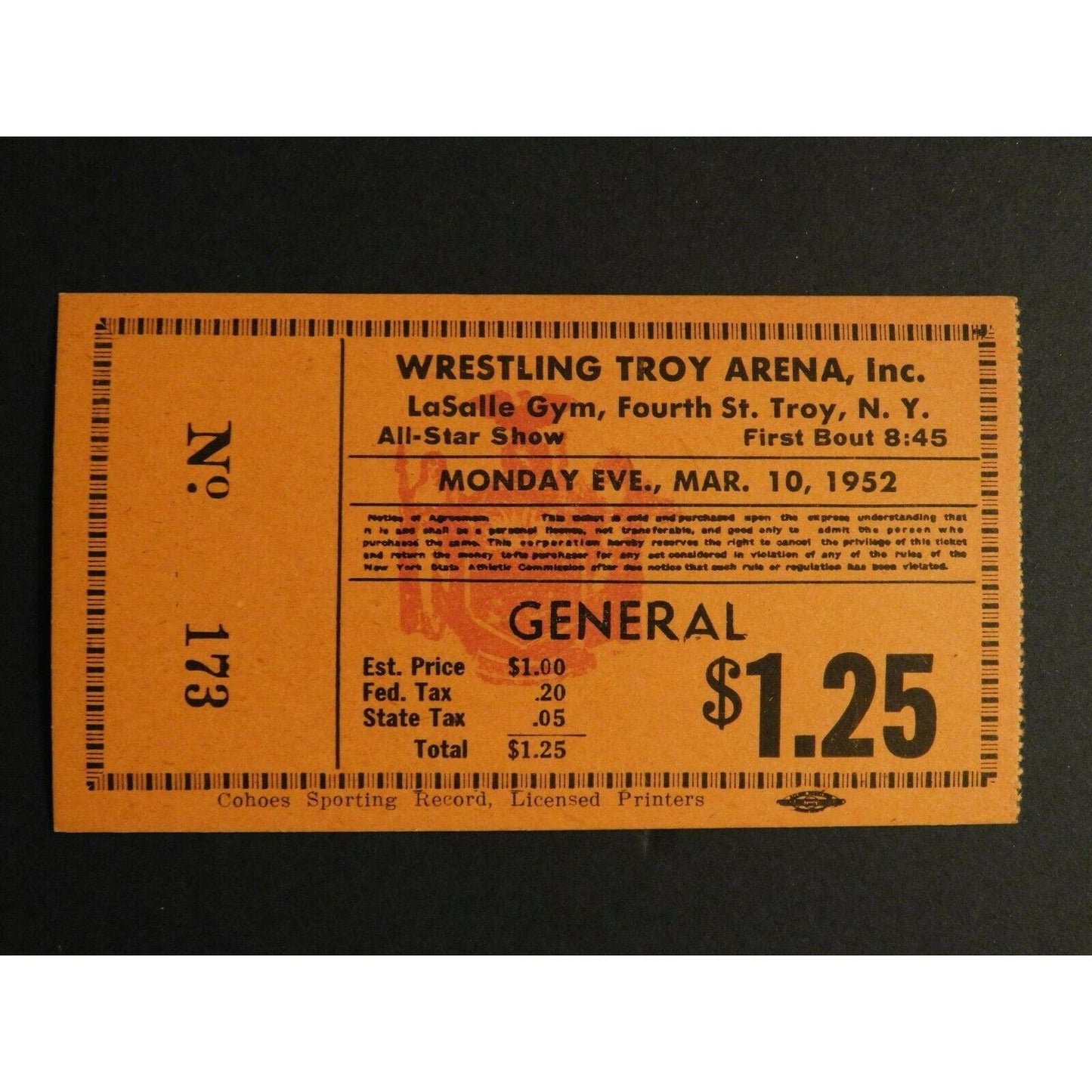 Vintage Mint Mar 10 1952 Troy, NY Arena Wrestling Ticket - Unused / NOS