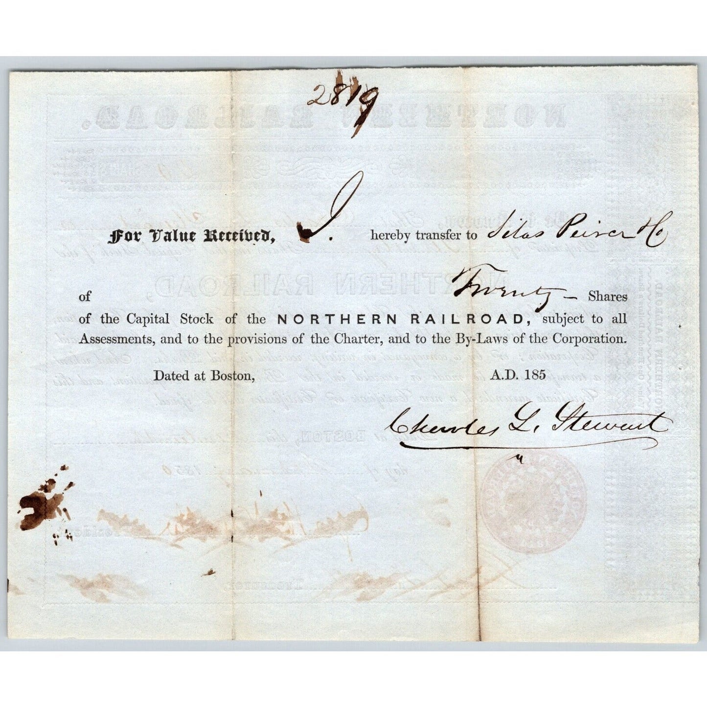 1852 Boston, MA Northern Railroad Stock Certificate No. 7592 for 20 Shares