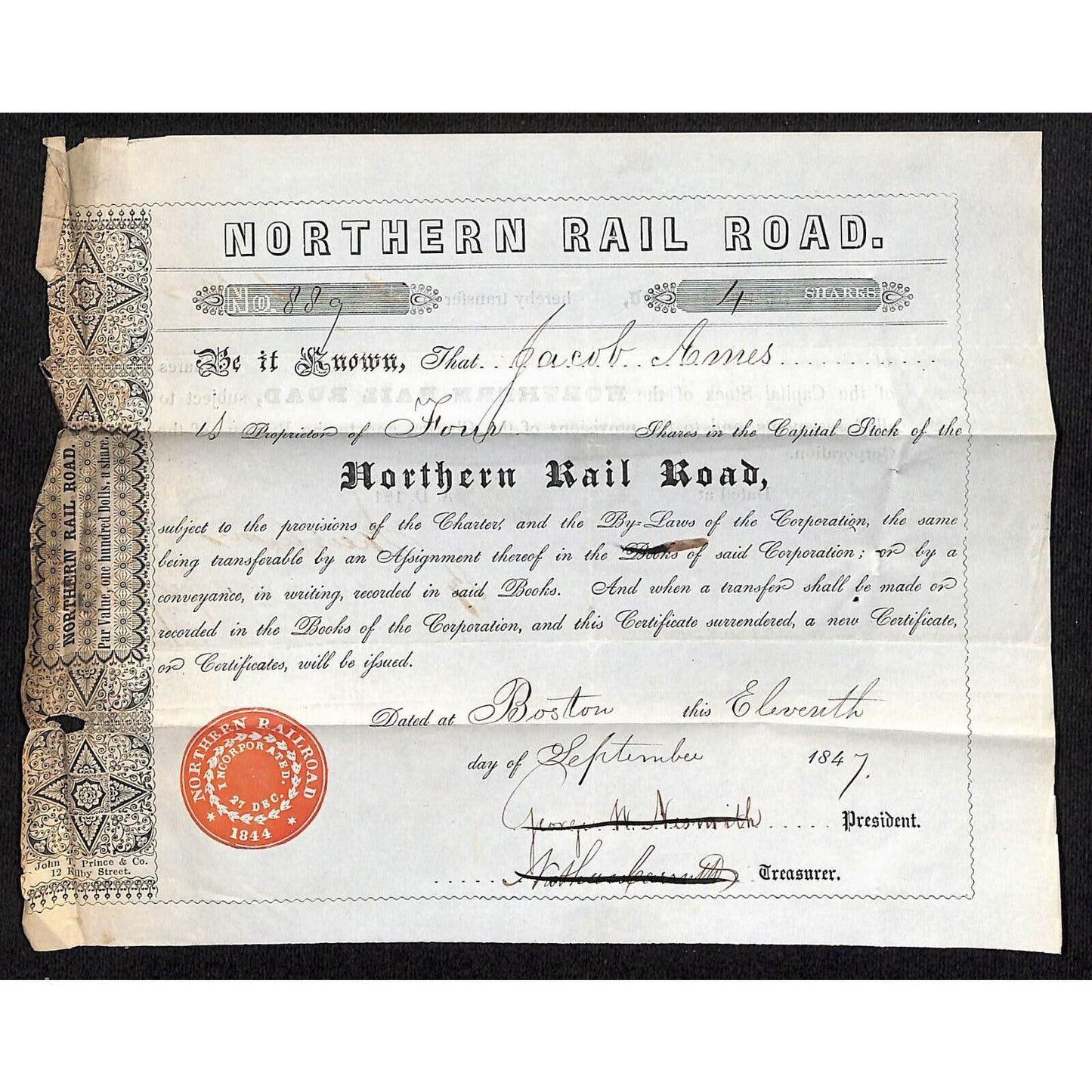 1847 Northern Railroad Stock Certificate w/ ALS Power Attorney Document w/Seal