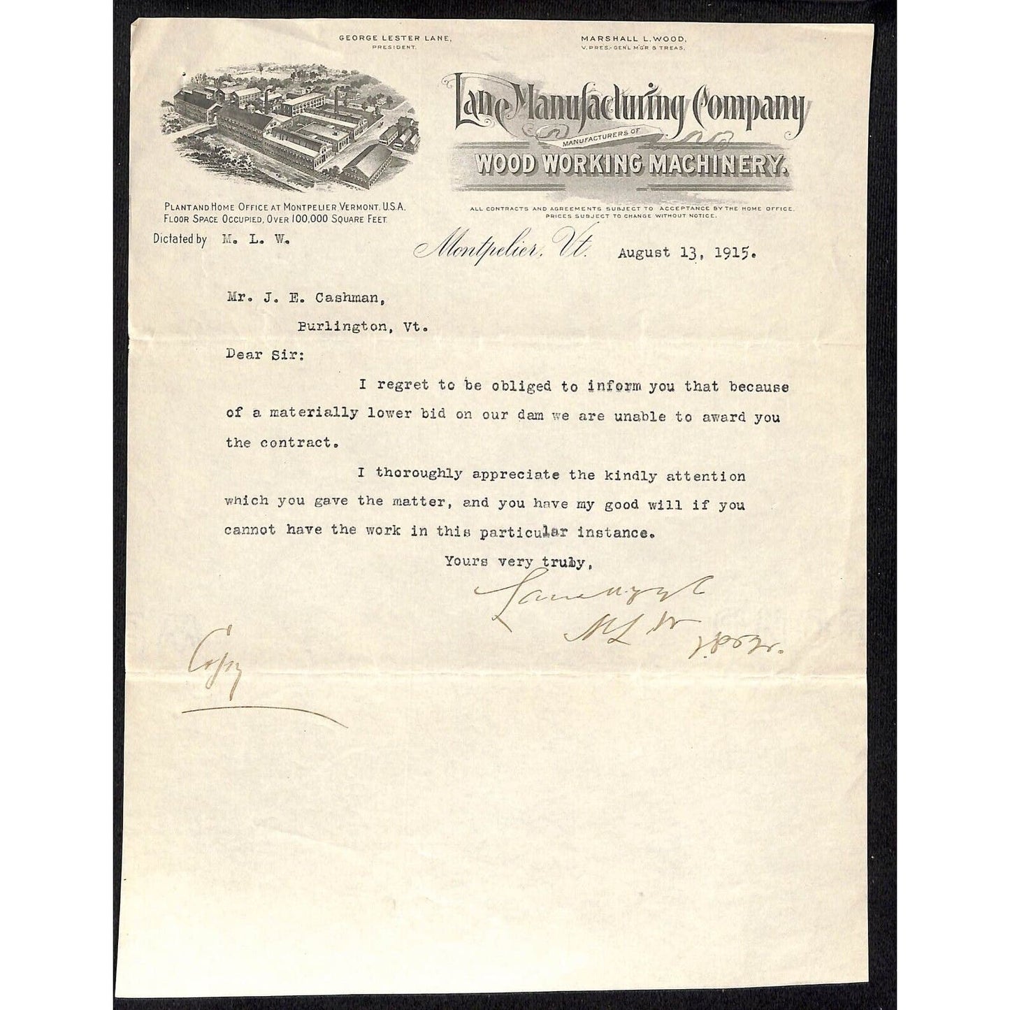 Montpelier, VT Lane Manufacturing Co. Wood Working Machinery 1915 Letterhead