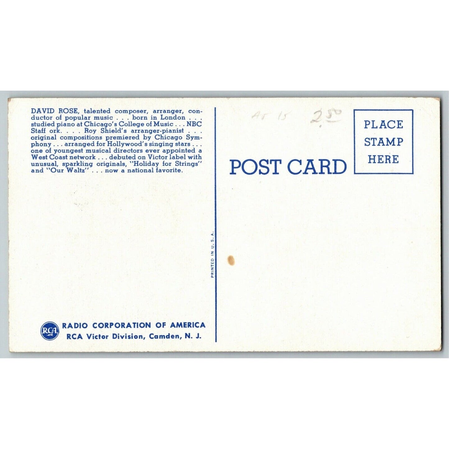 Vintage c1938-48 Postcard RCA Victor Division, Camden, NJ "David Rose"