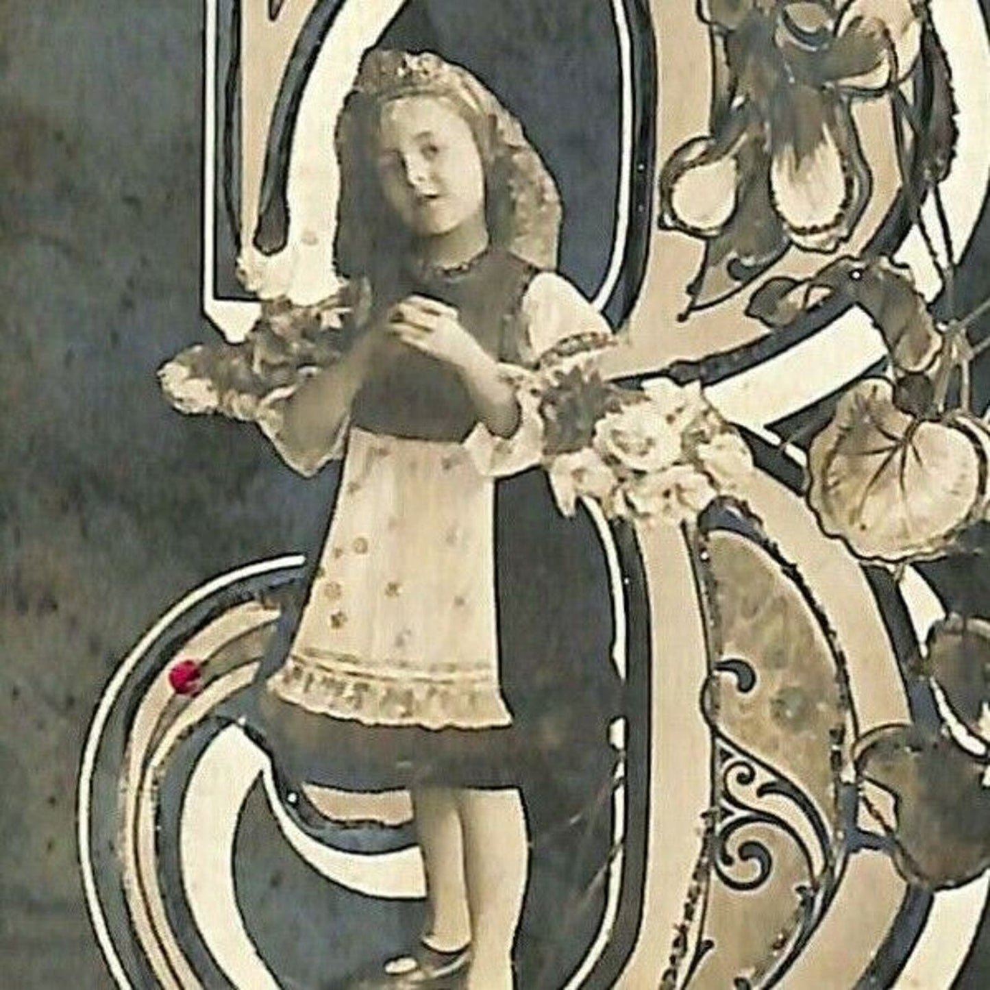 c1912 Vintage Russian Art - Young Girl - Large Cyrillic Letters - Floral Glitter