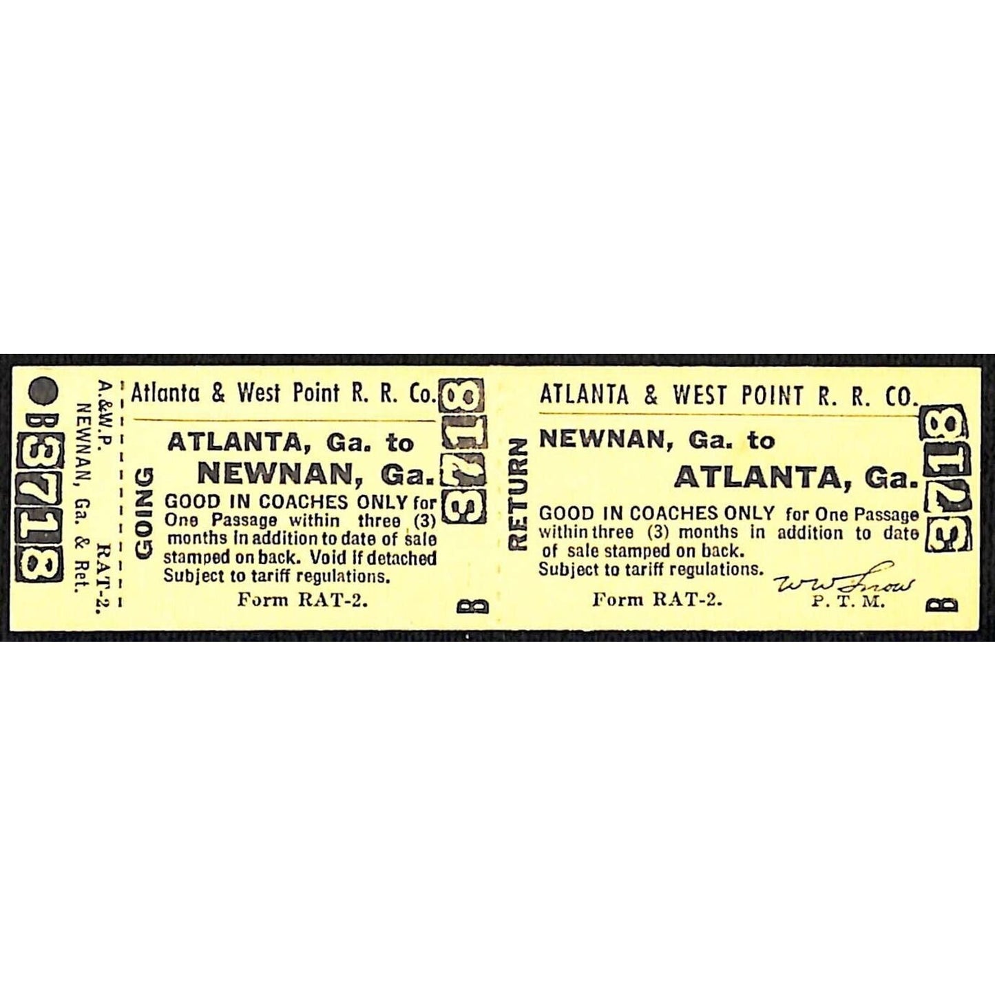 Atlanta & West Point Railroad Unused Ticket w/ Stub Newnan, GA #3718 VOID*