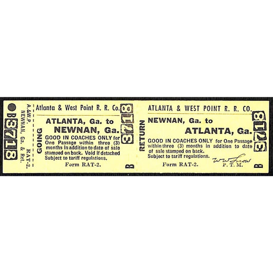 Atlanta & West Point Railroad Unused Ticket w/ Stub Newnan, GA #3718 VOID*