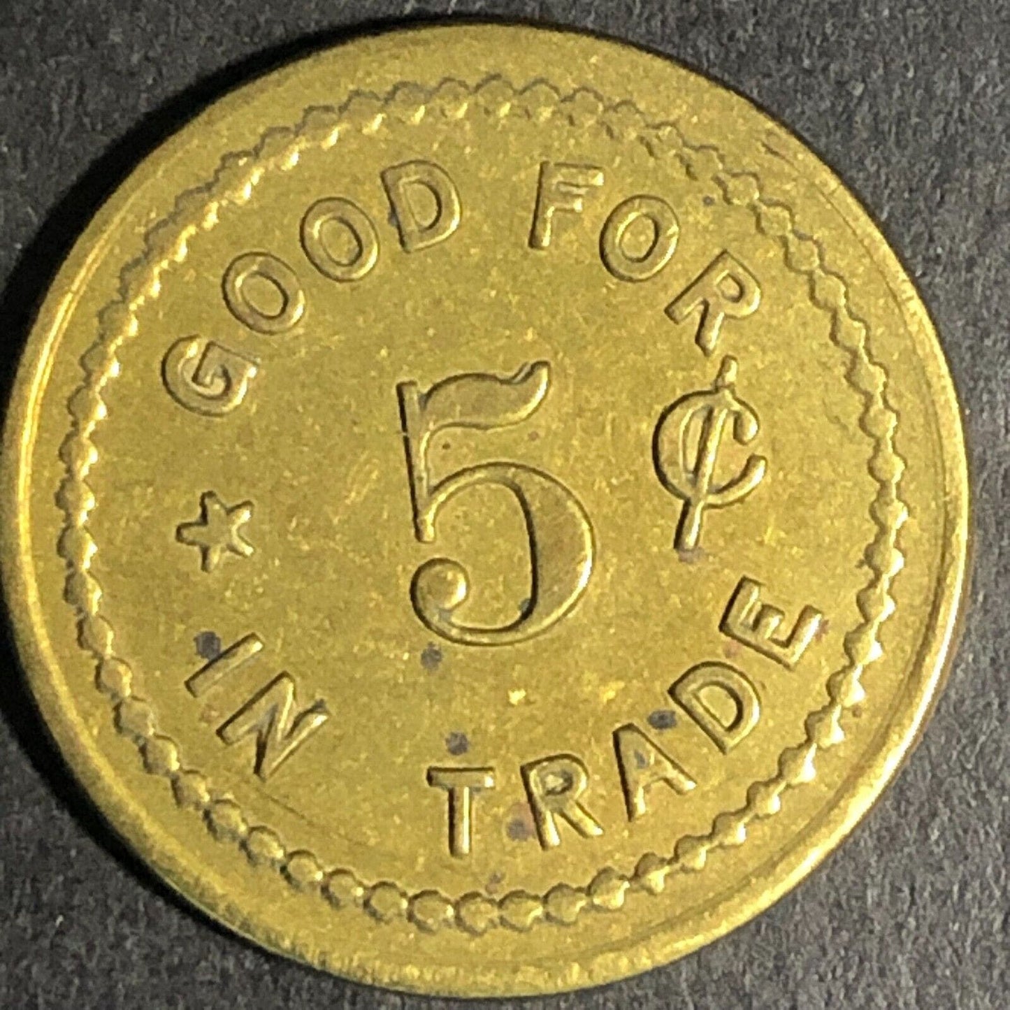 Neely's Sheridan Oregon Brass G/F 5c Trade Token - 22mm