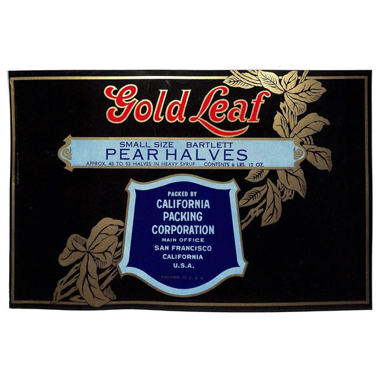 1941 Paper Can Label Gold Leaf Brand Small Bartlett Pear Halves - VGC - Scarce