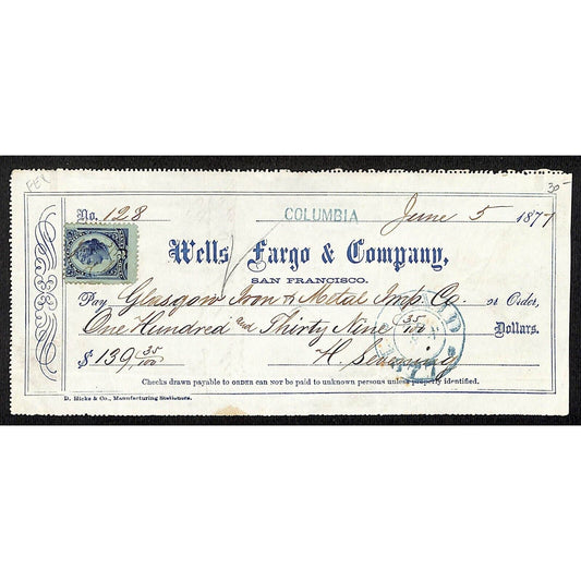 Wells Fargo & Co.1877 Bank Check Glasgow Iron & Metal Co. #128 $139.35 Rev Stamp