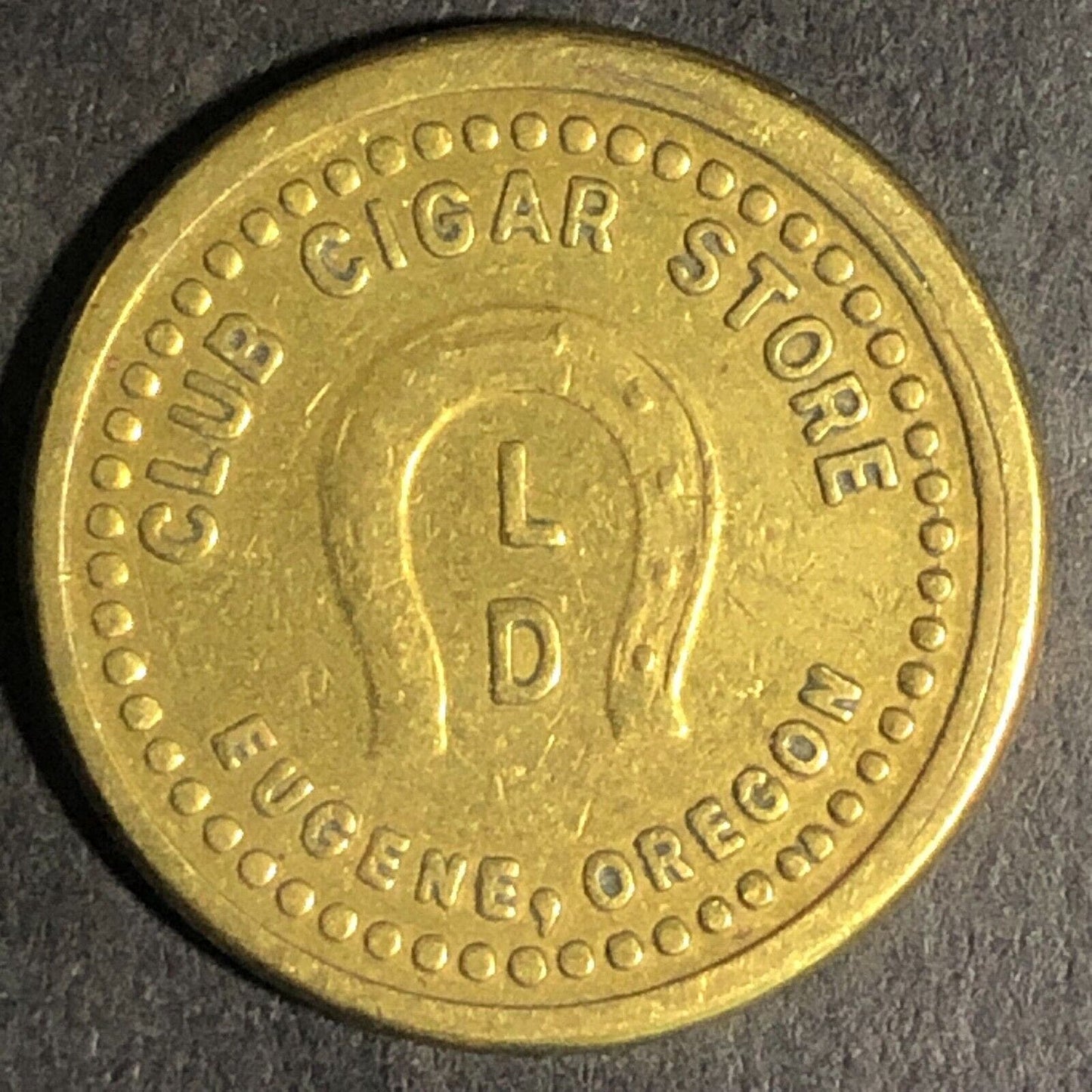 Eugene, Oregon "Club Cigar Store" Brass 5c In Trade Token w/ Horseshoe 22mm