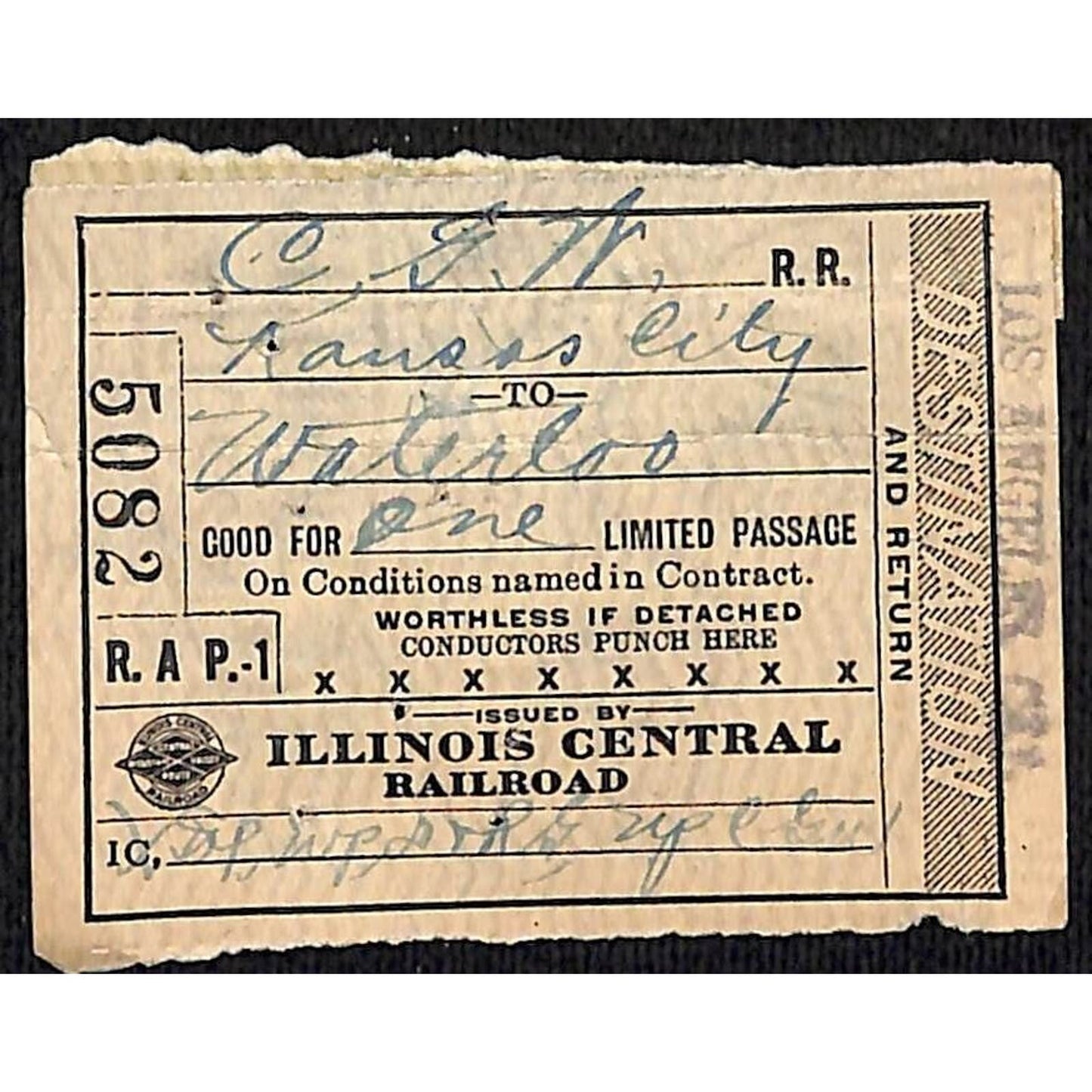 Illinois Central Railroad 1919 Ticket Kansas City to Waterloo #5082