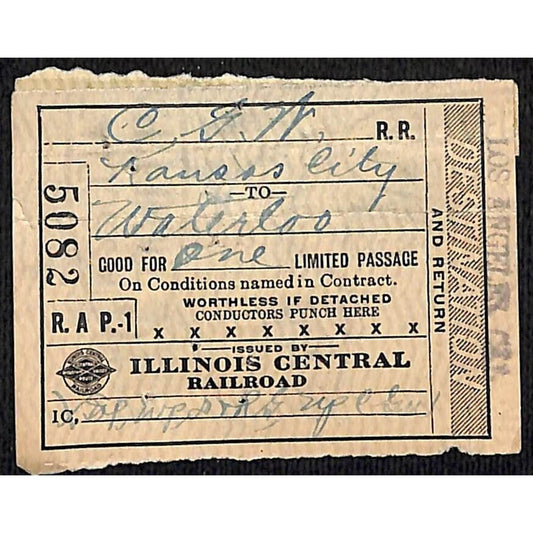 Illinois Central Railroad 1919 Ticket Kansas City to Waterloo #5082