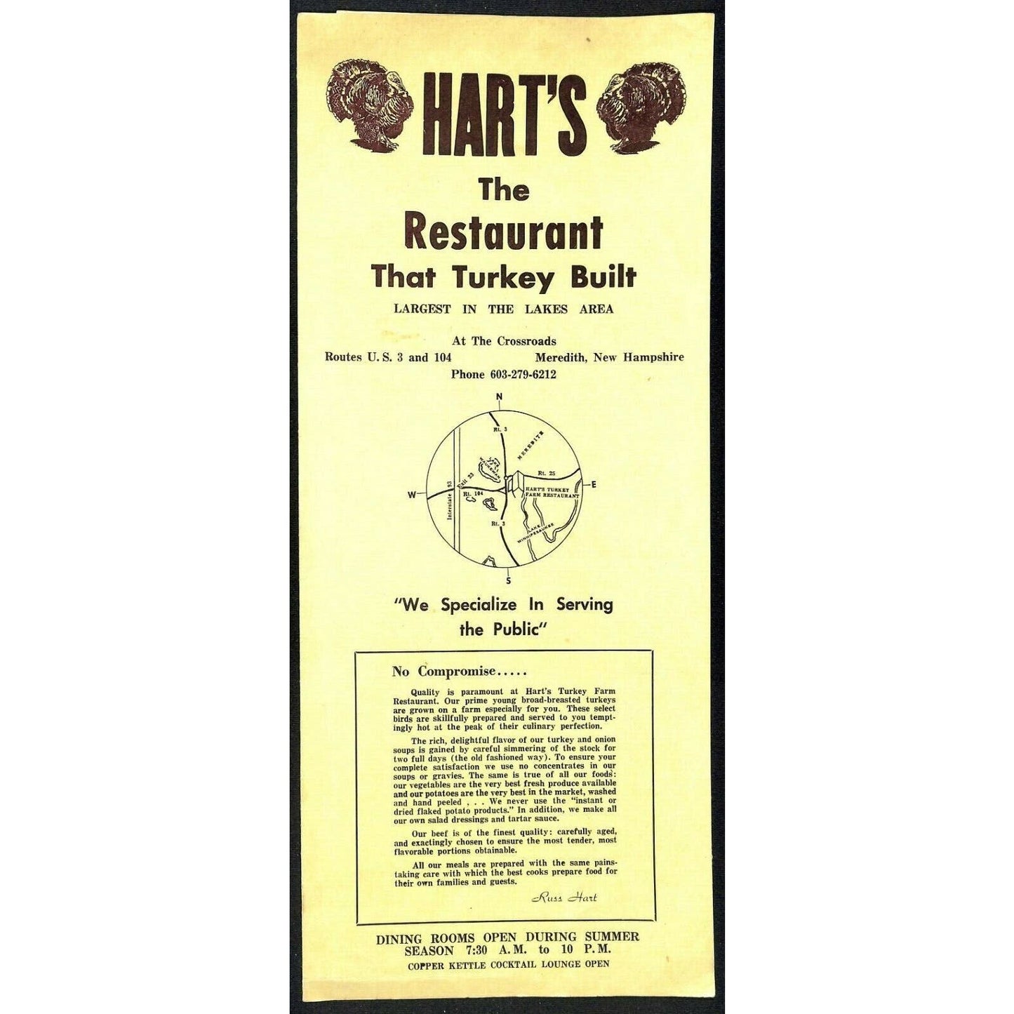 Hart's Menu Restaurant Meredith NH Scarce Vintage Large Turkey c1958-60's