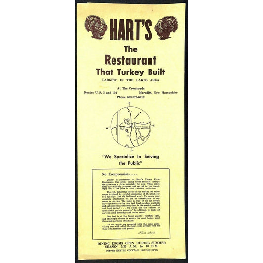 Hart's Menu Restaurant Meredith NH Scarce Vintage Large Turkey c1958-60's