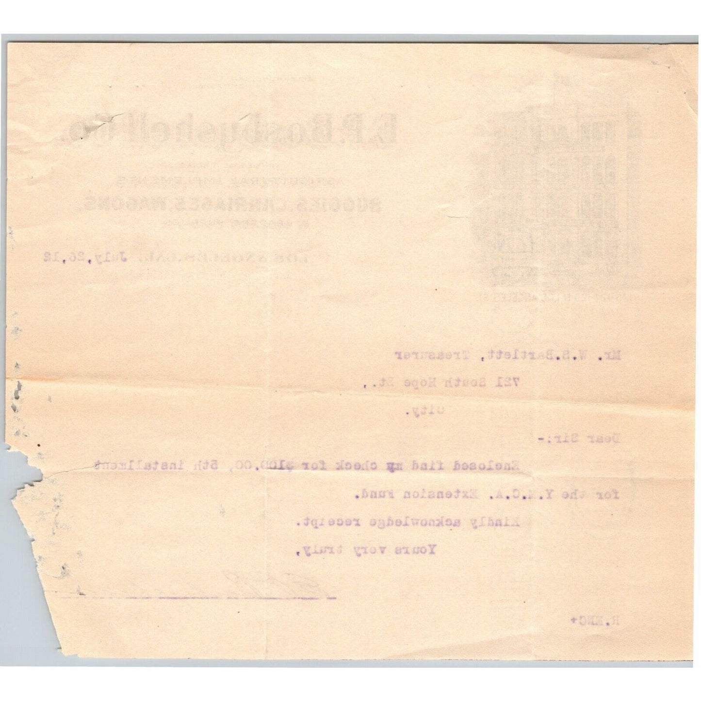 E.P. Bosbyshell Co. Buddies Carriages Wagons 1912 Letterhead re: $100 YMCA Check