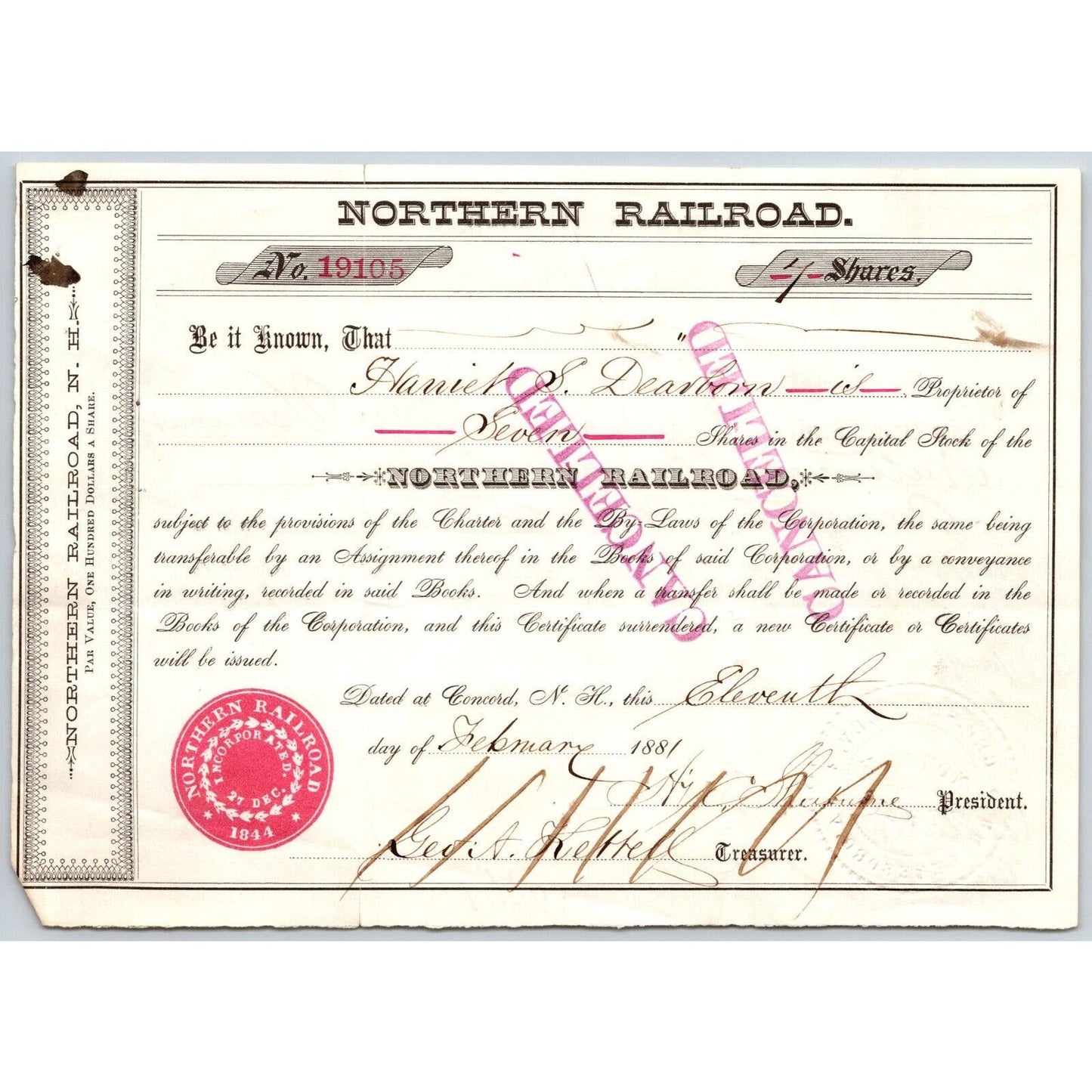 1881 Concord, NH Northern Railroad Stock Certificate No. 19105 for 7 Shares