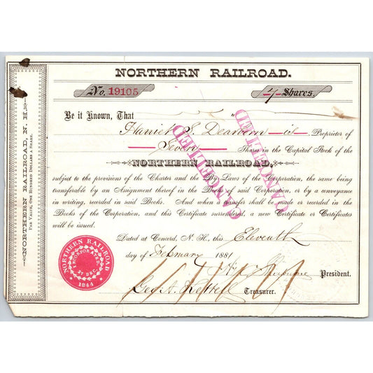 1881 Concord, NH Northern Railroad Stock Certificate No. 19105 for 7 Shares