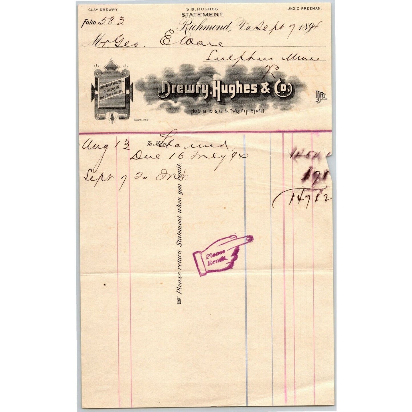Drewry, Hughes & Co. (Dry Goods) Letterhead Richmond, VA to Geo. E. Wear 1894