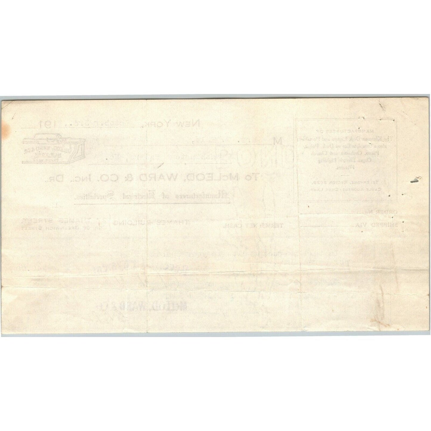 1916 McLeod, Ward & Co. Electrical Letterhead Billhead 27 Thames St. NYC