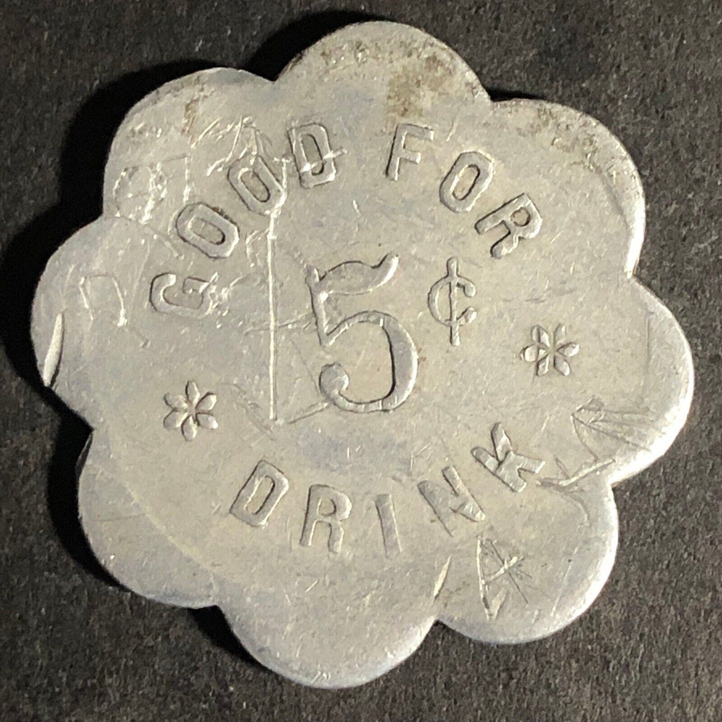 H. Fuhr's Place G/F 5c Drink Alum Scalloped Token 27mm Scarce Unknown