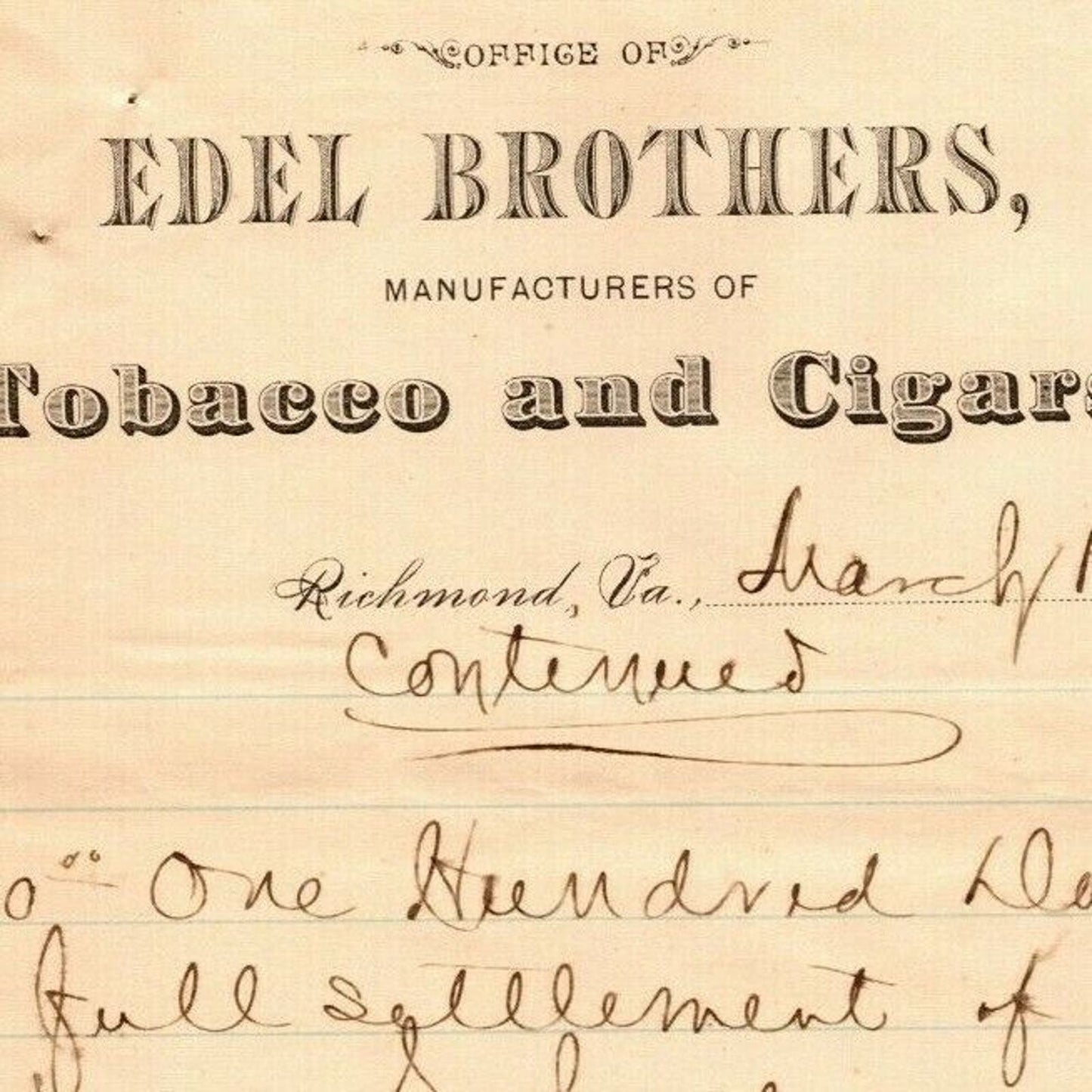 Scarce Edel Brothers Tobacco Cigars Letterhead Richmond, VA 1886