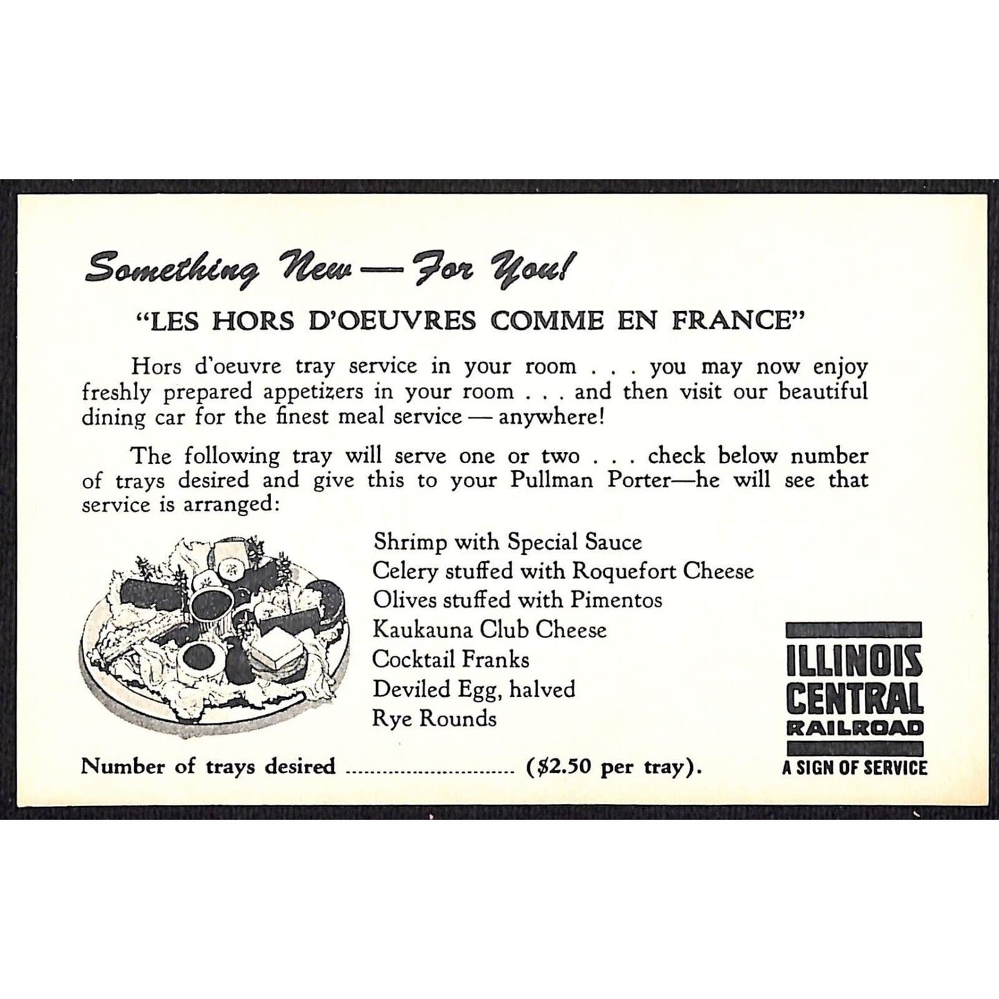 Illinois Central Railroad "Les Hors D'oeuvres Comme En France" Pullman Car Card